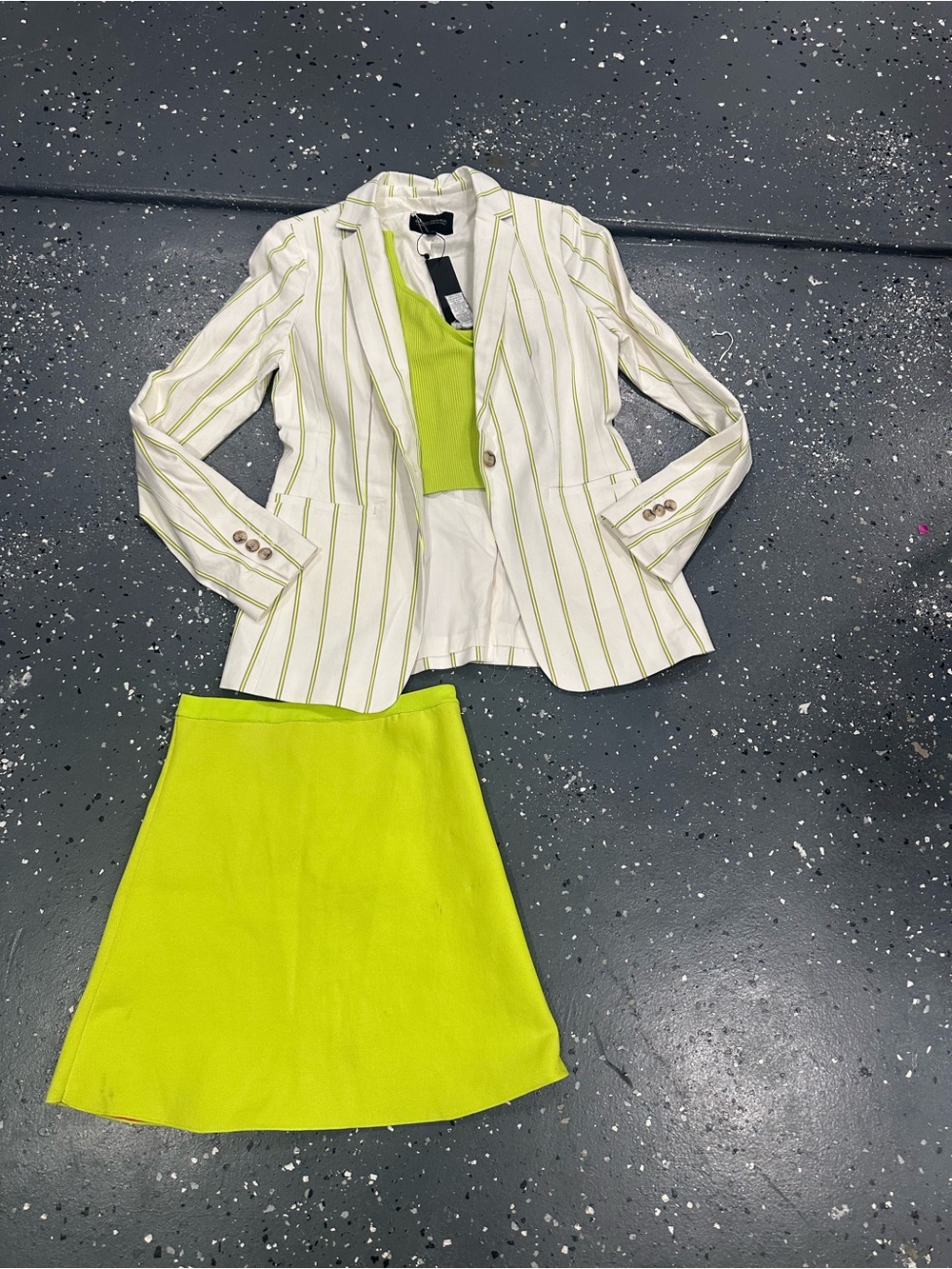 Banana Republic Lime Green A-Line Skirt with White Striped Blazer Set